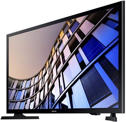 A Samsung UN32M4500B 32-inch Class HD Smart LED TV with a black frame and a silver stand on a white background. The TV screen shows a colorful image of a city skyline at night.