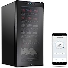 A black wine cooler with a digital temperature display and a double glass door. The cooler has five chrome shelves that hold 18 bottles of wine. The brand name Ivation is visible on the top of the door.